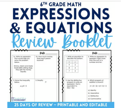 Expressions and Equations Review Booklet for 6th Grade