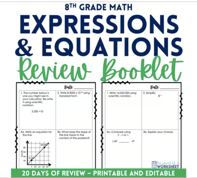 Expressions and Equations Review Booklet for 8th Grade
