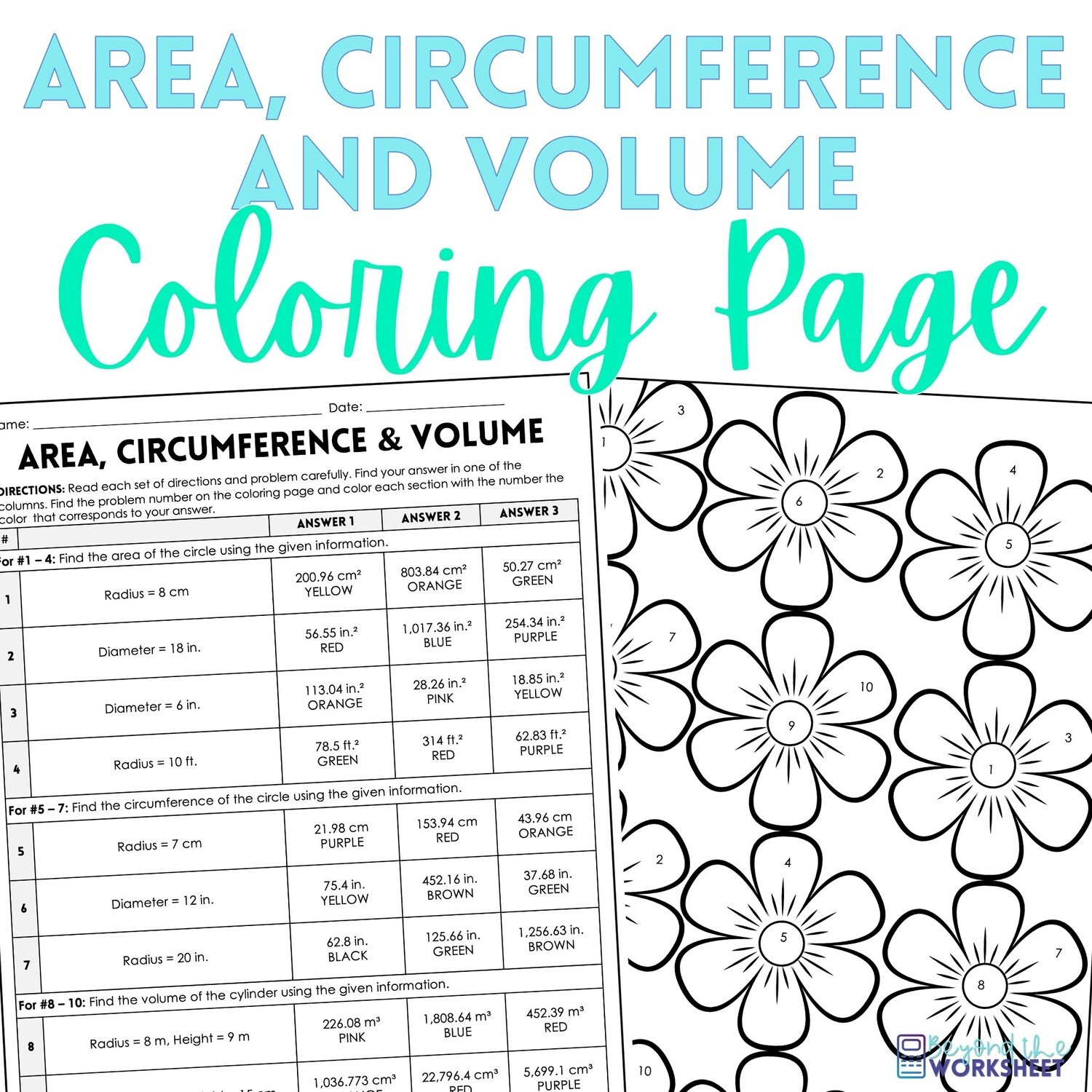 Area, Circumference and Volume Coloring Worksheet
