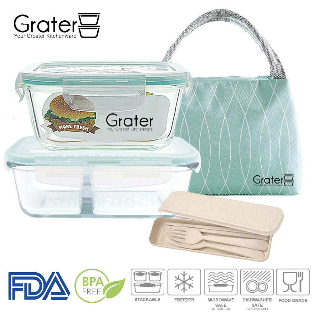 Glass Food Container Lunch Box Set with Thermal Bag & Cutlery Set