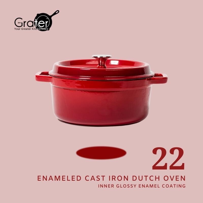 2.5L Red Enameled Cast Iron Dutch Oven 22cm (Gloss Interior)