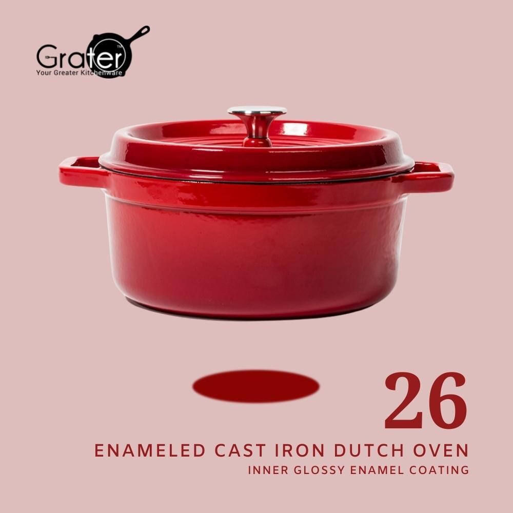 5L Red Enameled Cast Iron Dutch Oven 26cm (Gloss Interior)