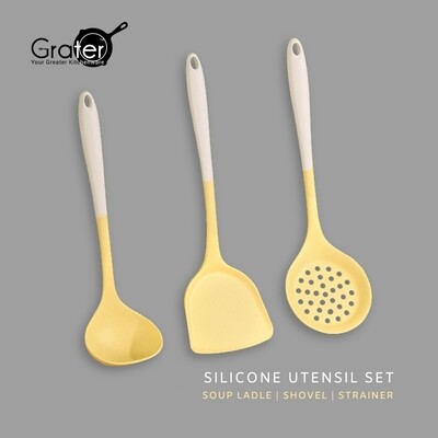 GRATER 3 pcs Kitchen Silicone Utensil Set (Yellow) Soup Ladle Cooking Shovel Turner Strainer Skimmer