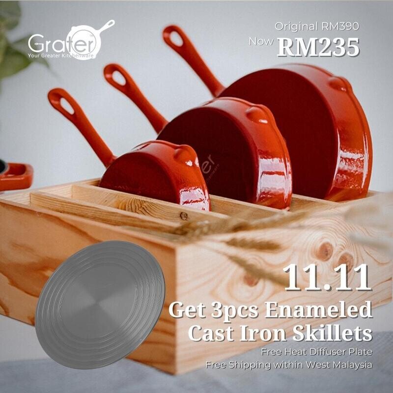 Set of 3 Enameled Cast Iron Skillets (Free Heat Diffuser Plate 28cm)