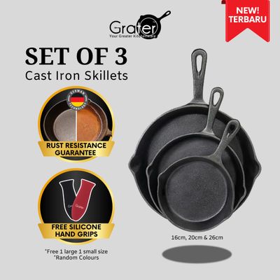 Set of 3pcs Rust Resistance Cast Iron Skillets