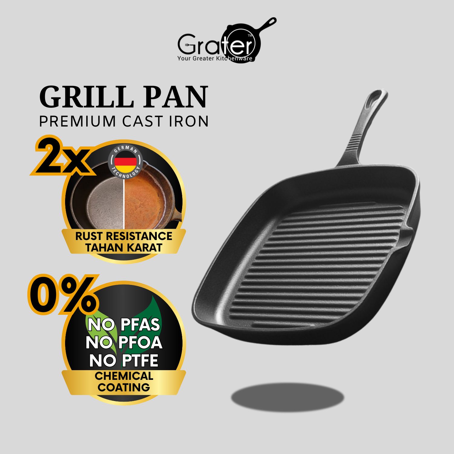 23cm Rust Resistant Cast Iron Grill Pan