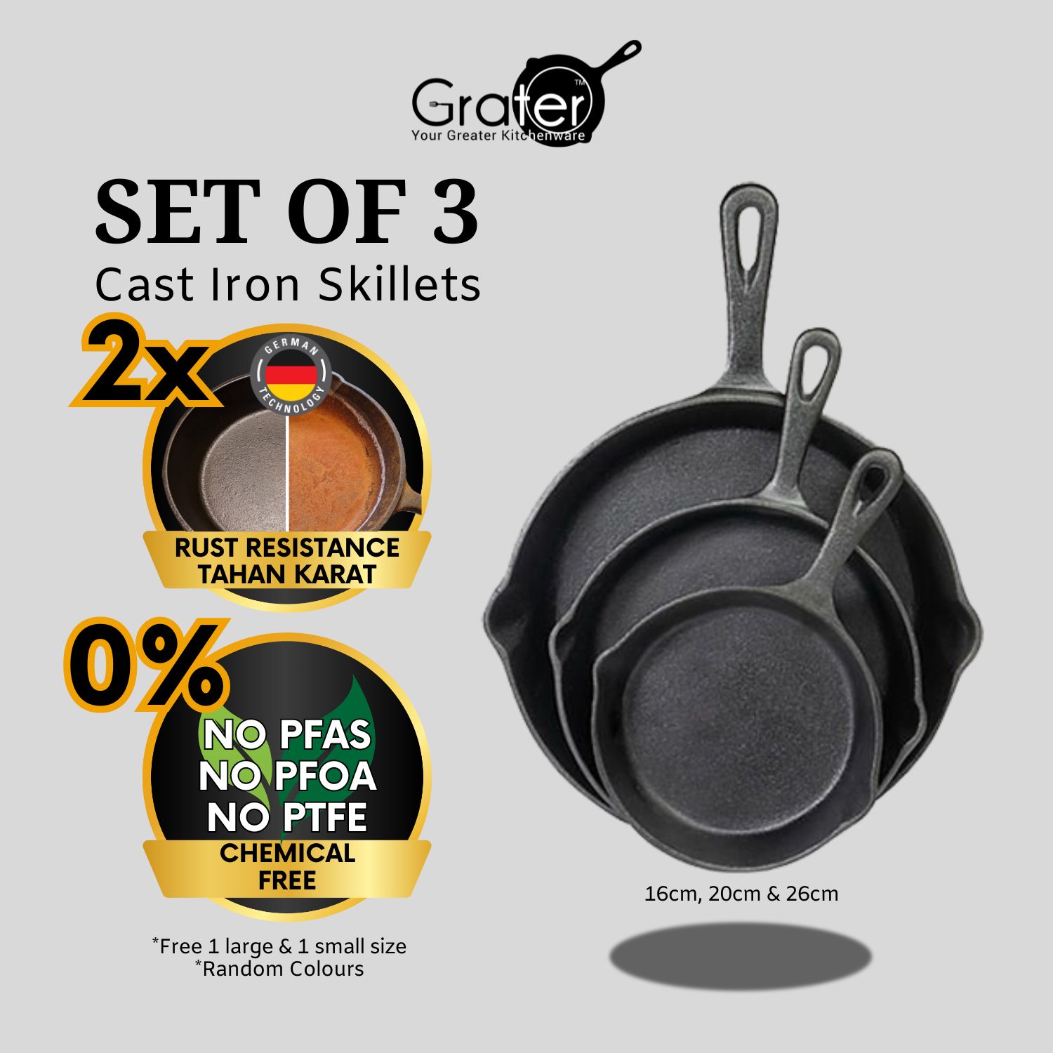Set of 3pcs Rust Resistant Cast Iron Skillets