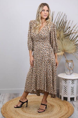 Carmen L/S Wrap Midi Dress - Mocha Leo Carmen L/S Wrap Midi Dress - Mocha Leo