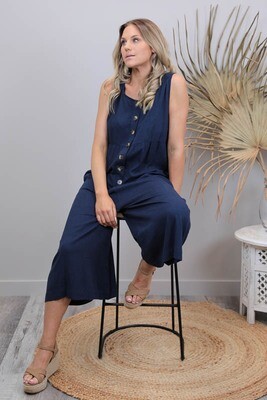 Out And About Button Linen Blend Jumpsuit - Navy