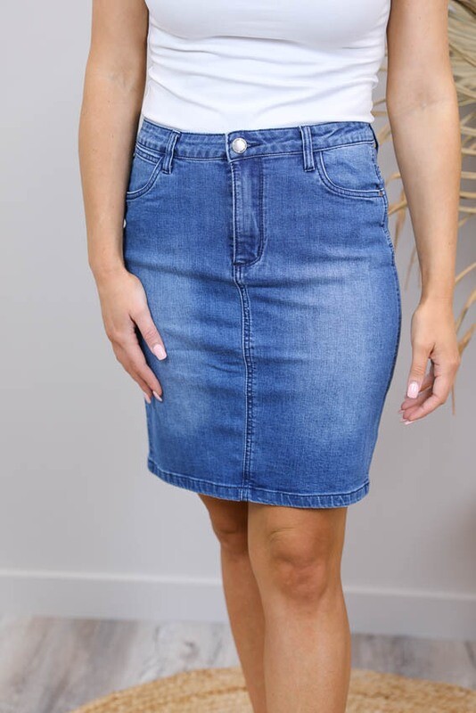 Cronulla Denim Knee Skirt - Dark Denim