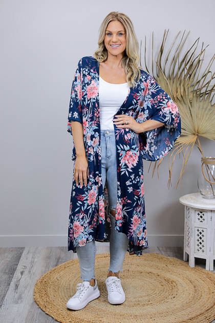 Janice BoHo Mid Length Kimono Cape - Navy/Blush Bloom