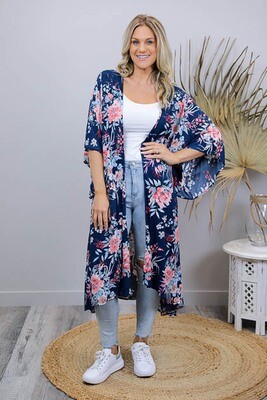 Janice BoHo Mid Length Kimono Cape - Navy/Blush Bloom