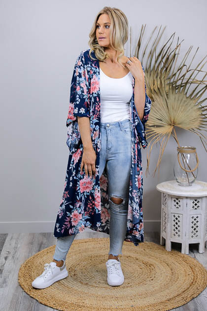 Janice BoHo Mid Length Kimono Cape - Navy/Blush Bloom