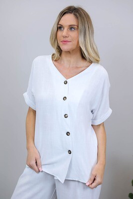 Candid Linen Blend Diag Button S/S Top - White