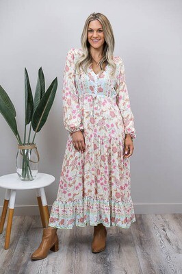 Chateau L/S BoHo Maxi Dress - White/Pastel Floral Chateau L/S BoHo Maxi Dress - White/Pastel Floral