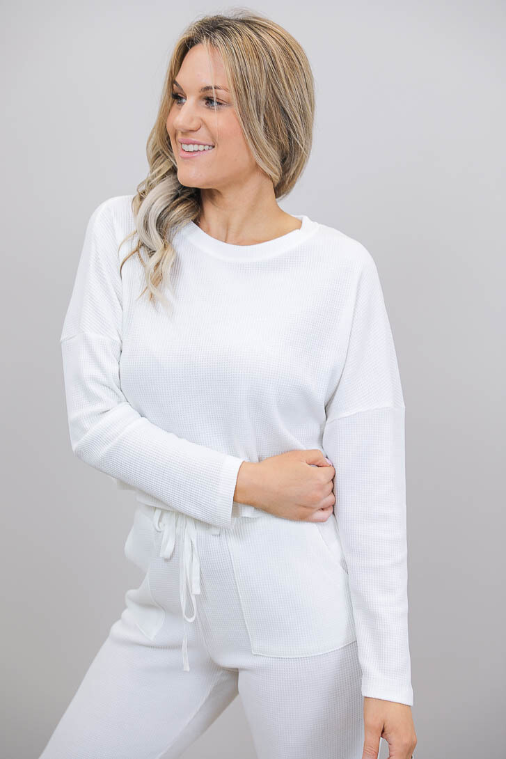 Lattice Waffle Lounge L/S Top - Ivory