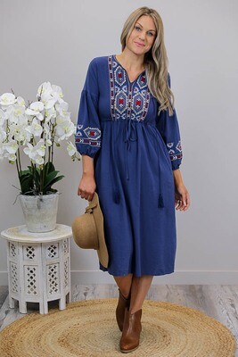 Rosie Embroidered 3/4 Sleeve Midi Dress - Light Navy Rosie Embroidered 3/4 Sleeve Midi Dress - Light Navy