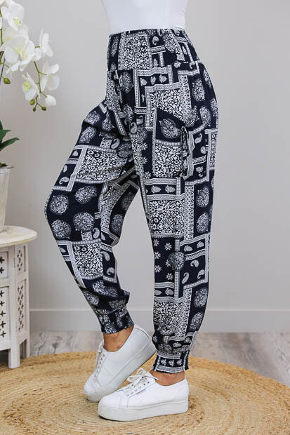Harem Pants - Navy/White Border Bloom