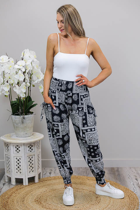 Harem Pants - Navy/White Border Bloom