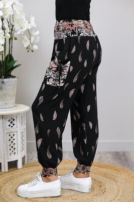 Harem Pants - Black/Blush Leaves