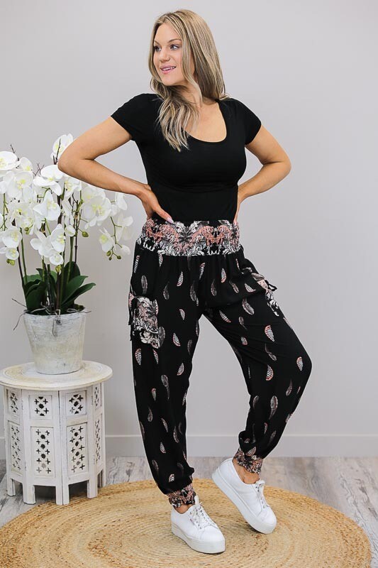 Harem Pants - Black/Blush Leaves