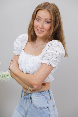 Paradise Embroidery Anglaise Peasant Crop Top - White