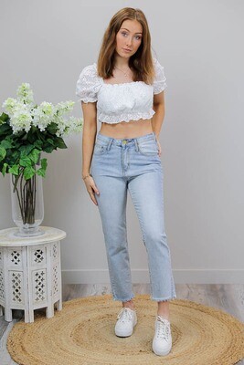 Paradise Embroidery Anglaise Peasant Crop Top - White
