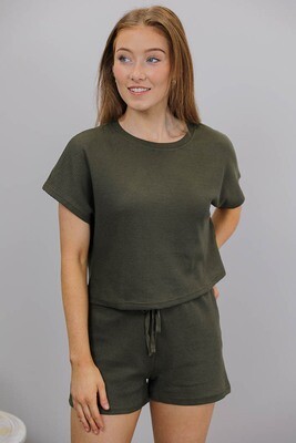 Lattice Waffle Lounge S/S Top - Khaki Lattice Waffle Lounge S/S Top - Khaki