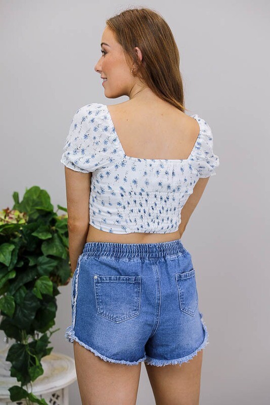 Jogger Drawstring Fray Denim Shorts - Mid Denim