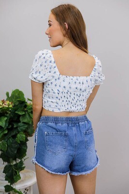 Jogger Drawstring Fray Denim Shorts - Mid Denim