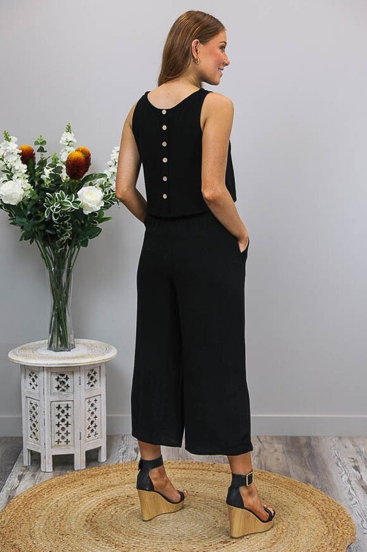 Hummingbird Linen Blend Button Back Singlet Top - Black