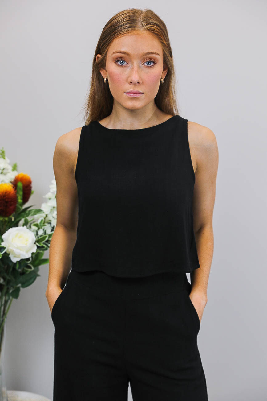 Hummingbird Linen Blend Button Back Singlet Top - Black