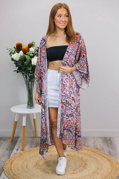 Robinson BoHo Mid Length Kimono Cape - Flamingo Pink/Multi Fleur