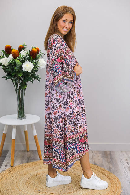 Robinson BoHo Mid Length Kimono Cape - Flamingo Pink/Multi Fleur
