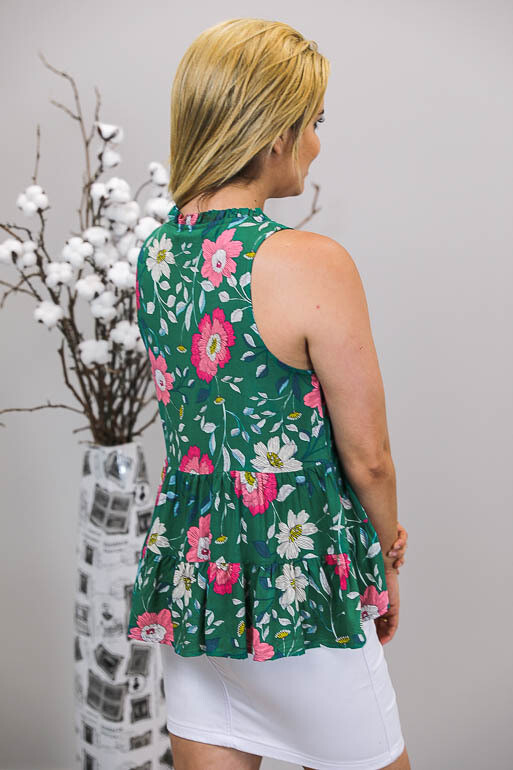 Briony Tassel Top - Emerald Green/Pink Bloom