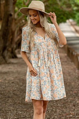 Cheska BoHo Tassel Miniish Dress - Ivory/Apricot Bloom Cheska BoHo Tassel Miniish Dress - Ivory/Apricot Bloom