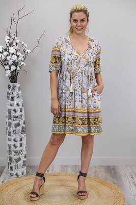 Cheska BoHo Tassel Miniish Dress - Periwinkle/Mustard Fleur Cheska BoHo Tassel Miniish Dress - Periwinkle/Mustard Fleur