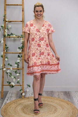 Champers Button Miniish Dress - Apricot/Coral Fleur Champers Button Miniish Dress - Apricot/Coral Fleur