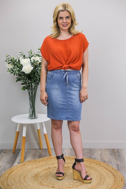Burraneer Drawstring Knee Skirt - Mid Denim