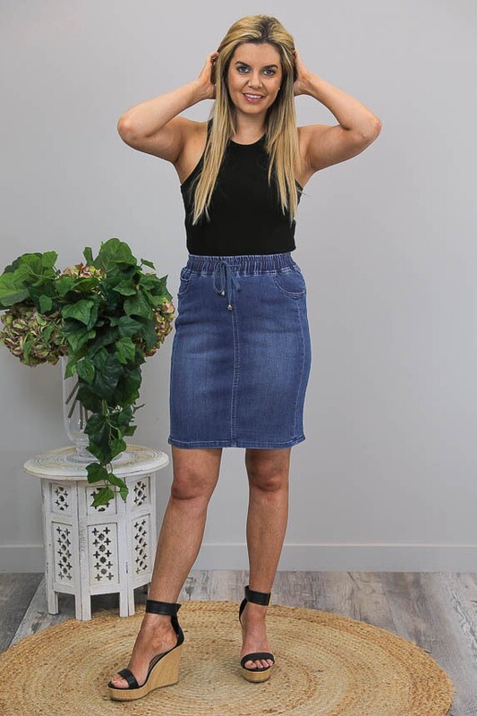 Burraneer Drawstring Knee Skirt - Dark Denim