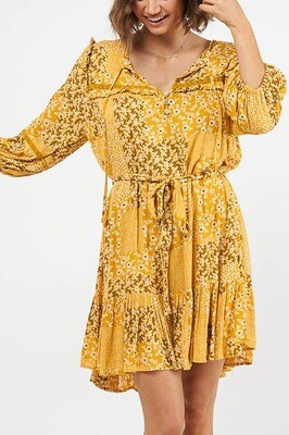 Jabber Detail Tier Miniish Dress - Mustard/White Fleur Jabber Detail Tier Miniish Dress - Mustard/White Fleur