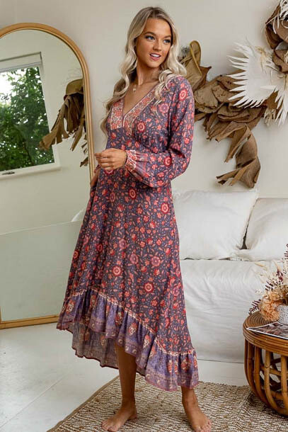 Jana L/S High/Low Midi Dress - Mauve/Pink Fleur Jana L/S High/Low Midi Dress - Mauve/Pink Fleur