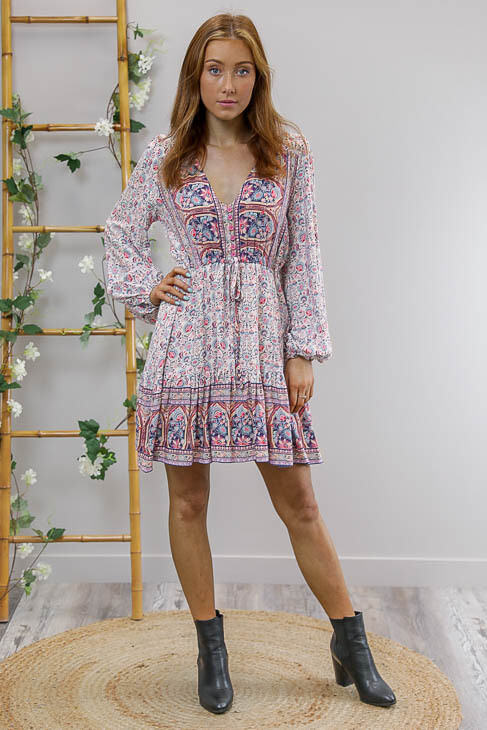 Chateau L/S BoHo Mini Dress - White/Pink/Blue Fleur