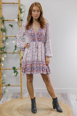 Chateau L/S BoHo Mini Dress - White/Pink/Blue Fleur