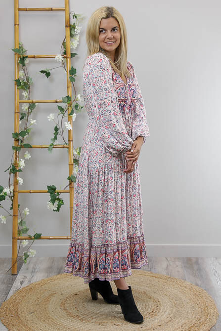 Chateau L/S BoHo Maxi Dress - White/Pink/Blue Fleur