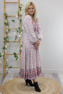 Chateau L/S BoHo Maxi Dress - White/Pink/Blue Fleur