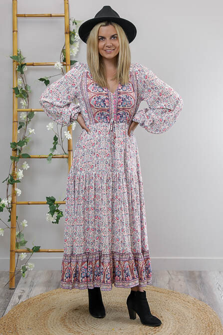 Chateau L/S BoHo Maxi Dress - White/Pink/Blue Fleur