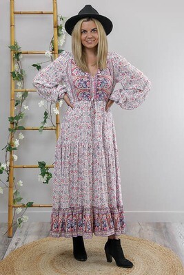 Chateau L/S BoHo Maxi Dress - White/Pink/Blue Fleur