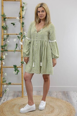 Bella Luka L/S Miniish Dress - Lime Gingham