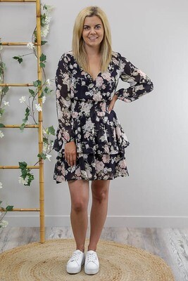Sheila Tier L/S Miniish Dress - Navy/Multi Posie Sheila Tier L/S Miniish Dress - Navy/Multi Posie